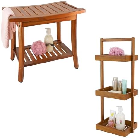 Utoplike Teak Shower Bench Seat with Handles, Shower Caddy Corner 3 Tier