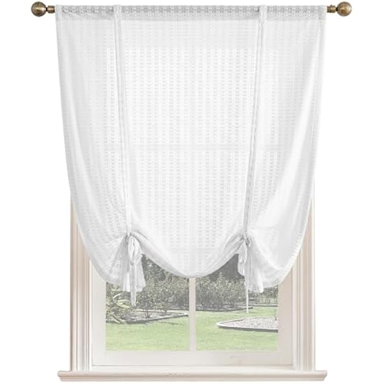 Sheer Tie Up Curtain for Small Window Lace Rod Pocket Balloon Curtains for Kitchen Jacquard French Style Roman Curtains White 42 x 63 Inch