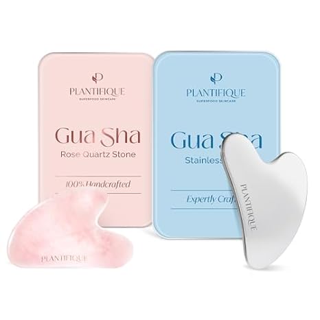 PLANTIFIQUE Gua Sha Rose Quartz Tool for Face Anti Aging Massage Tool and Stainless Steel Gua Sha Facial Tool, Skin Massage Tool for Face, Body, Eyes, Neck, Heart Style with Travel Pouch, Skin Care