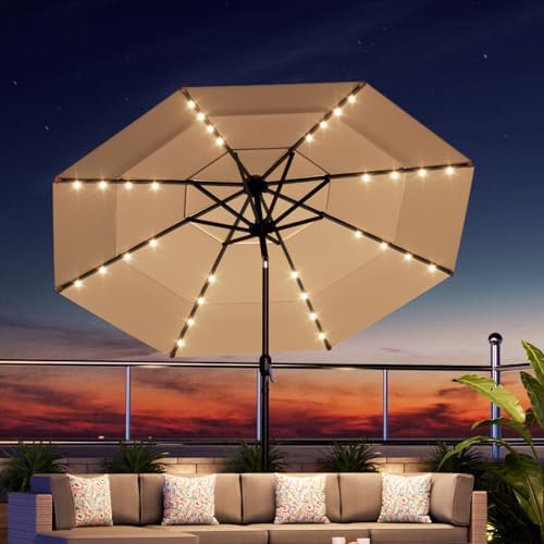 Solar LED Lighted Patio Umbrella 11FT 3-Tier, UV-Resistant Market Umbrella with Tilt Adjustment, Large Outdoor Sun Shade for Yard, Poolside, Deck - 8 Ribs, Polyester Fabric - Best for Outdoor Living