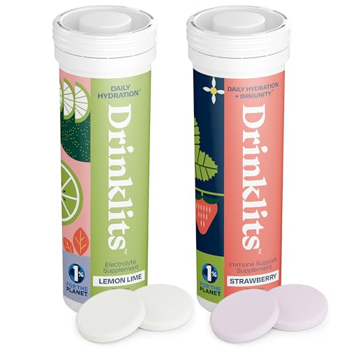 Drinklits Lemon-Lime Electrolyte Hydration & Strawberry Immune Support Tablets 2 Tube Combo Pack | Great Taste Gluten Free Daily Use | 20 Servings 10 Tablets Per Tube
