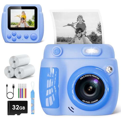 Kids Camera Instant Print - Christmas Birthday Gifts for Girls Boys Age 3-12, 1080P Video Digital Camera with 3 Rolls Printing Paper, Toddler Travel Toy Camera for 4 5 6 7 8 9 10 11 Year Old - Blue