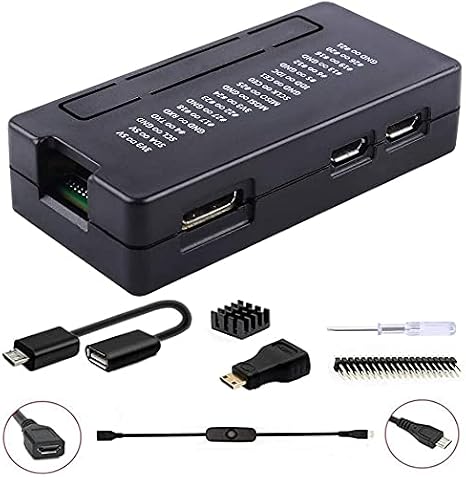 GeeekPi Raspberry Pi Zero 2W Case/Zero W Case, 7 in 1 Basic Starter Kit with Raspberry Pi Zero Heatsink, 20Pin GPIO Header, OTG Cable, Switch Cable, HDMI Adapter, Driver