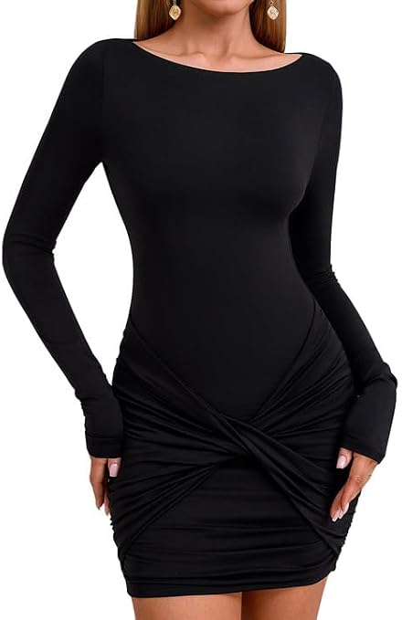 Long Sleeve Bodycon Mini Dresses Sexy Backless Ruched Party Club Going Out Short Fall Dress for Women