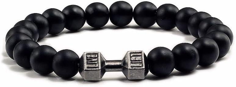 Handmade Black Dumbbell Bracelet Gym Bros Fitness Barbell Bracelet Natural Volcanic Lava Stone Adjustable Beads Bracelet Fitness Jewelry for Women