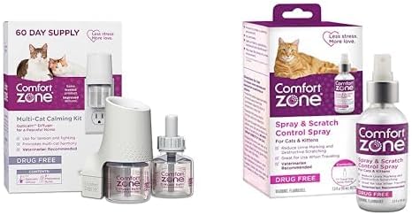 Comfort Zone Starter Bundle; Cat Calming Pheromone Diffuser Kit and Calming Travel Spray; Reduce Stress, Aggression, Fighting, Urine Marking and Scratching