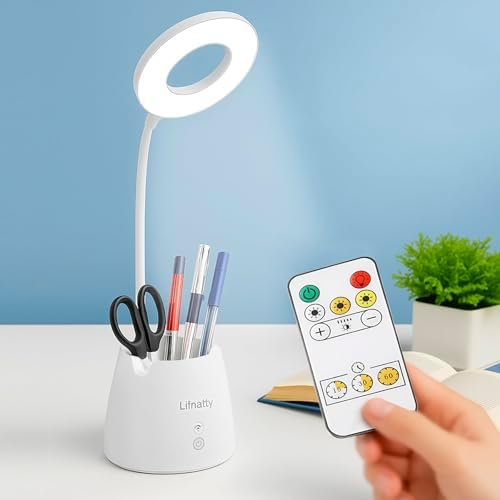 Desk Lamp, Led Desk Light, Dimmable Small Table Lamp for Home Office, Remote Control, 3 Modes, Gooseneck, Rechargeable Study Light for College Dorm Room