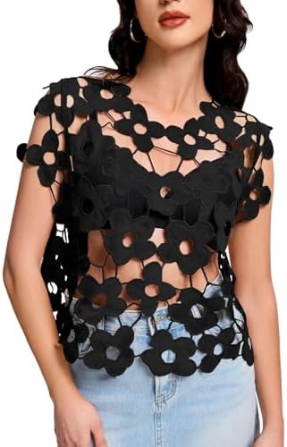 Flygo Hollow Out Floral Lace Crop Top for Women 2025 Trendy Oversized Sleeveless Crochet Vest Coverup Y2K Going Out Tops