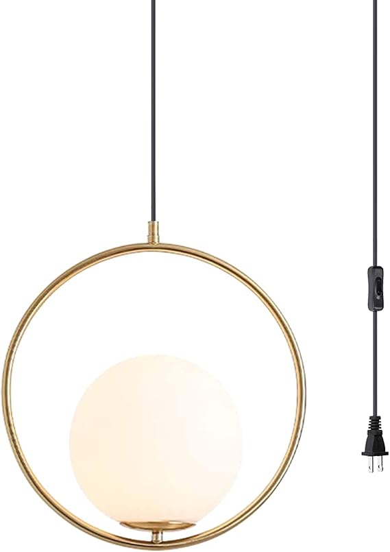 BOKT 1 Lights Modern Globe Pendant Light Fixture Plug in Cord Large Gold White Glass Ball Pendant Lighting Plug in Brushed Brass Chandelier Mid Century Ceiling Hanging Lamp Plug in