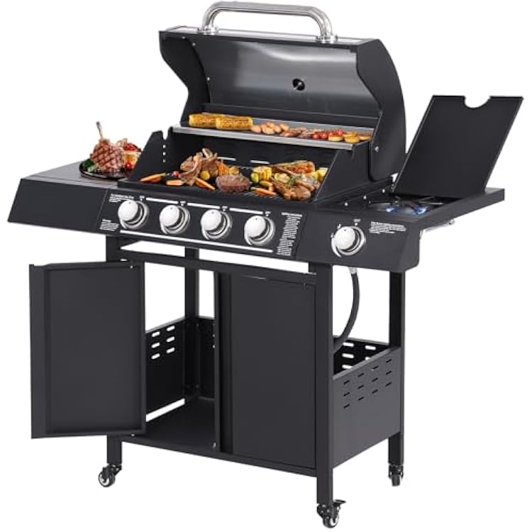 Four-burner Propane Gas Grill with Stainless Steel Double Roast Area and Side Burner,Lockable Universal Wheels, Outdoor Garden BBQ and Cooking Grills Black