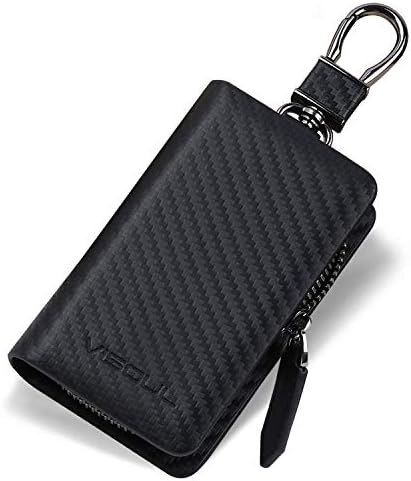 VISOUL Car Key Case,Carbon Fiber Leather Car Smart Key Fob Zipper Case with Keychain and Metal Hook C01-Black