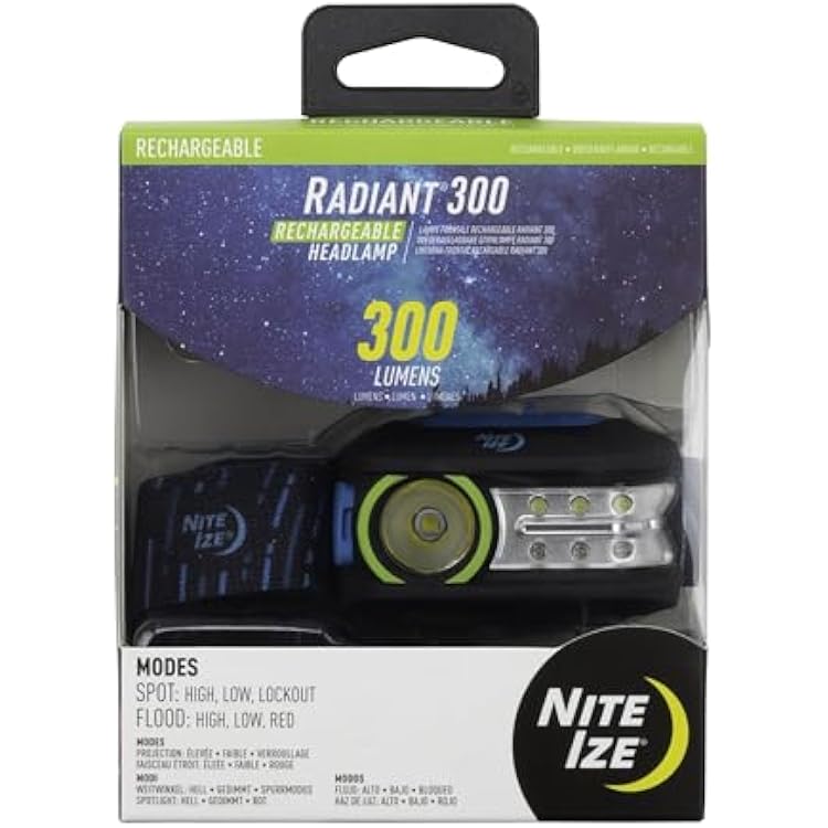 Nite Ize Radiant 300 Rechargeable LED Headlamp - Durable Headlamp with Rechargeable 300 Lumen Light - Included USB Recharging Cord - Great for Camping, Hiking & At-Home Projects - Blue