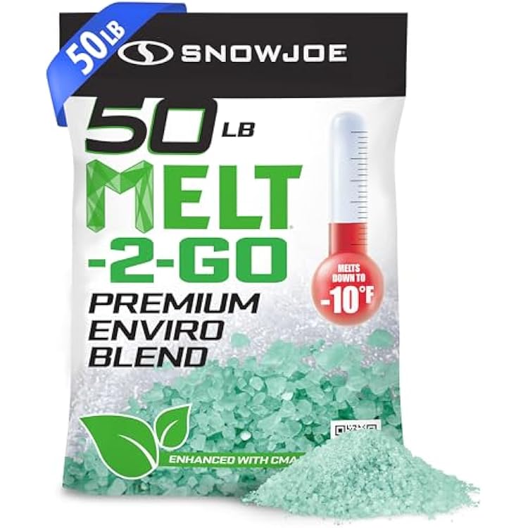 Snow Joe Premium Enviro Blend Ice Melt, Green-Coated Deicer Crystals, 50 lb - Safer Melter for Vegetation, Concrete & Metals w Anti-Corrosion Calcium Magnesium Acetate