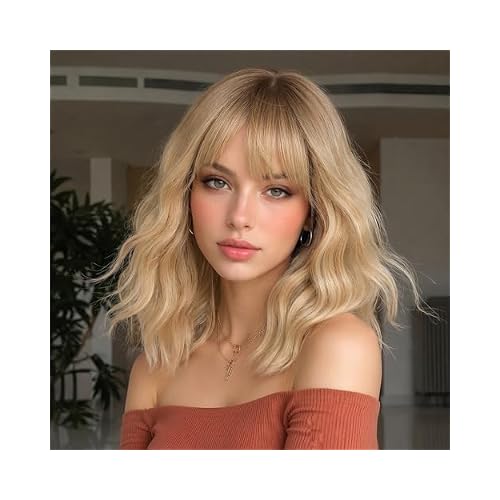 Ombre Blonde Wigs with Bangs Blond Wig for Women 14Inch Short Wavy Wigs Shoulder Length Hair for Girl Natural Looking Synthetic Heat Resistant Fiber Hair for Daily Party Halloween Use