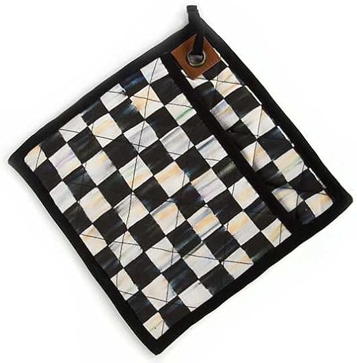 MACKENZIE-CHILDS Bistro Pot Holder, Black-and-White Courtly Check | Features a checkered pattern, made from 100% cotton shell and lining with a leather tab and brass grommet, 9" W x 9" L