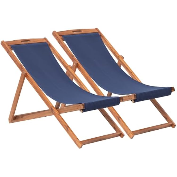 2 Set Outdoor Wooden Patio Lounge Chair Beach Sling Chair Level 3 Height Adjustable Portable Reclining Beach Chair Solid Wood Frame Polyester Canvas Blue