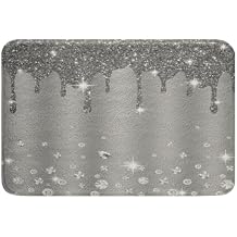 Feelyou Silver Glitter Print (No Glitter) Non Slip Bath Mat Bling Decor Grey Shaggy Absorbent Floor Mat for Diamond and Bathroom Rugs Bathroom Floor Indoor Doormat 20"x32"
