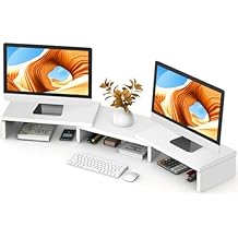 TAVR Furniture Dual Monitor Stand Riser, Computer Monitor Stands for 2 Monitors, Extra Long Multifunctional Desktop Organizer Riser for Computer, Laptop, PC, Printer, TV, Max 43.3" Length, White