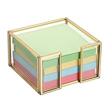 BTSKY Golden Glass Sticky Note Holder for 3x3 Inch Sticky Notes, Elegant Post It Note Dispenser with Non-Slip Pads Clear Notepad Holder for Desk Organization Planning, Home Office Decor
