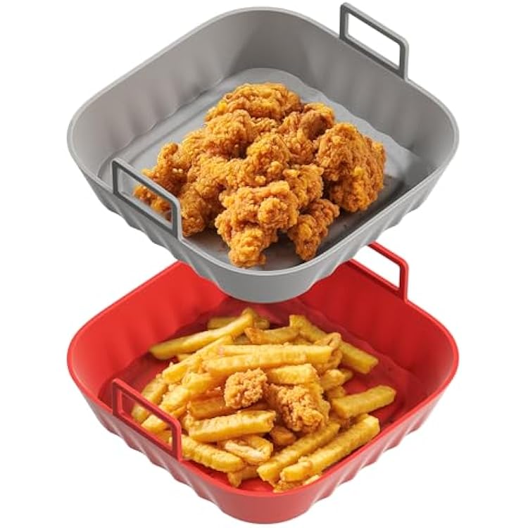 Li&Zhao Silicone Air Fryer Liners Reusable - 2 PCS Square Air Fryer Inserts Air Fryer Accessories 4 to 7 Qt Silicone Liners Basket for Kitchen Red & Gray