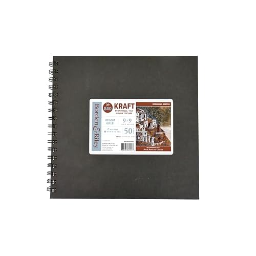 Borden & Riley 9 x 9 #840B Kraft Paper Hardcover Sketch Book, Side Spiral, 60 lb., 50 White Sheets, 1 Book Each