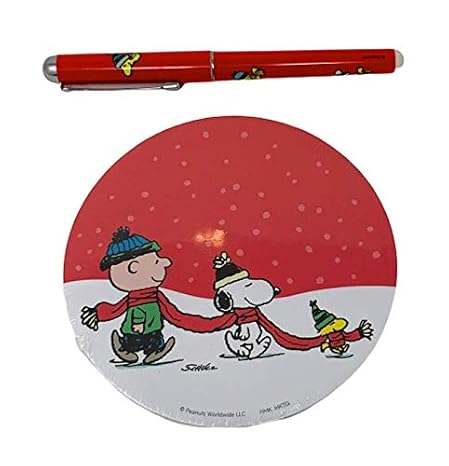Peanuts Worldwide Character Charlie Brown, Snoopy and Woodstock Winter Themed Round Notepad and Pen Set