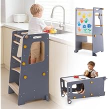 Toddler Standing Tower, Kitchen Stool Helper with Whiteboard, Adjustable Height Kids Toddler Step Stool with Anti-Slip Protection, Kids Step Stool with Safety Feet for Kitchen Bathroom