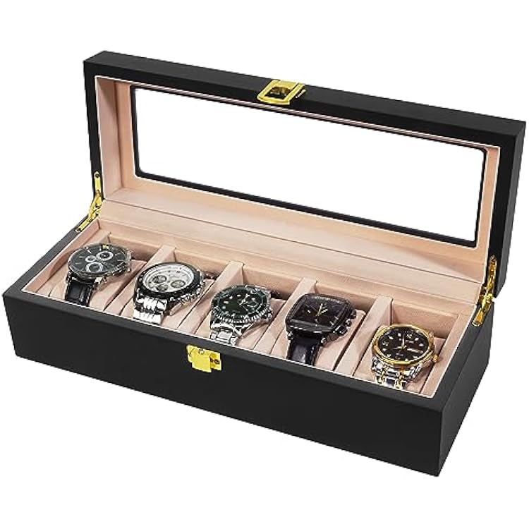 Wooden Watch Storage Box - 5 Slot Watch Display Case for Men Women | Watch Holder Organizer fit Watches with Dial Size up to 52 mm Black