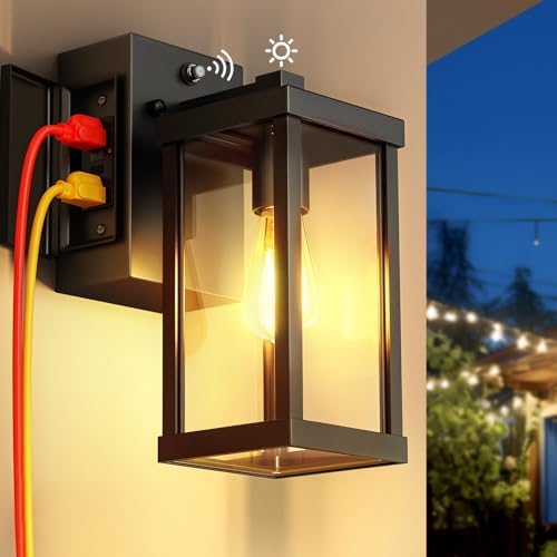 Porch Light with Outlet, Dusk to Dawn Outdoor Light with GFCI Outlet Porch Wall Sconce Waterproof Exterior Light Fixtures Outside for House Patio Garage Hallway