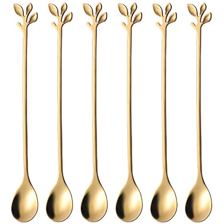 AnSaw 6-Piece Elegant Gold Leaf Long Handle Teaspoons - 7.4 Stainless Steel Stir Spoons for Coffee & Tea, Perfect for Mixing & Stirring