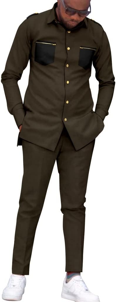 Men's 2 Piece Outfit African Clothing Dashiki and Pants Traditional Suit Long Sleeve Button Up Shirt Tracksuit Blazer (Color : Brown, Size : Small)