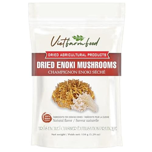 DRIED ENOKI MUSHROOMS 5.29 Oz 150g VIETFARMFOOD: Dried agricultural products with pure natural flavor. Used as cooking ingredients to prepare delicious, nutritious dishes, suitable for vegetarians