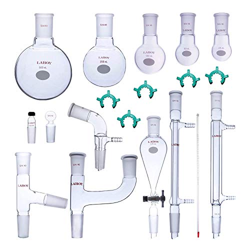 Laboy Glass Organic Chemistry Kit 19-Piece - 2440 - Heavy-Wall Borosilicate 3.3 Glassware for Fractional Distillation, Separation & Essential Oil Extraction - Includes 190mm West Condenser