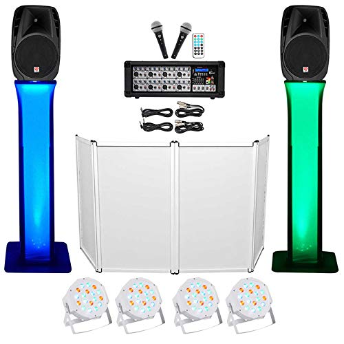 Rockville RPG2X15 Bundle: Bluetooth DJ PA Mixer, 2 15 in Passive DJ PA Speakers, 2 Tripod Stands, 2 Mics, 4 RockPAR50 LED RGB Lights, RFAAW Event Facade, 2 RTP32W Totem Stands, 9-Items