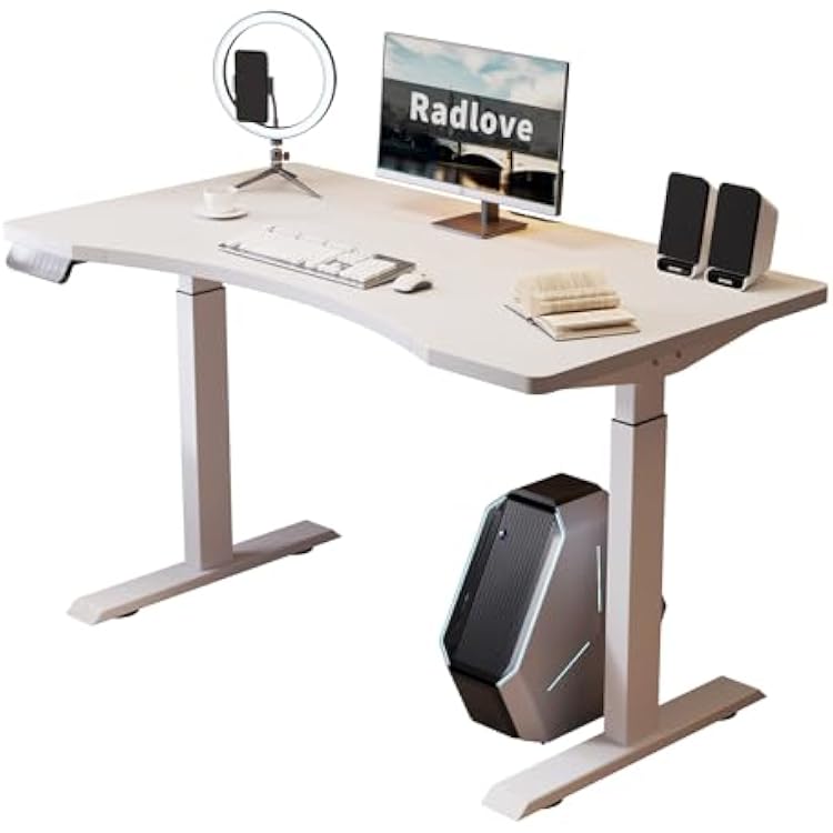 Radlove Dual Motors Height Adjustable 55 x 30 Electric Standing Desk with Curved Design Stand Up Table 4 Memory Keys, Computer Desk with Splice Board Home Office Desk, Whitetop  White Frame