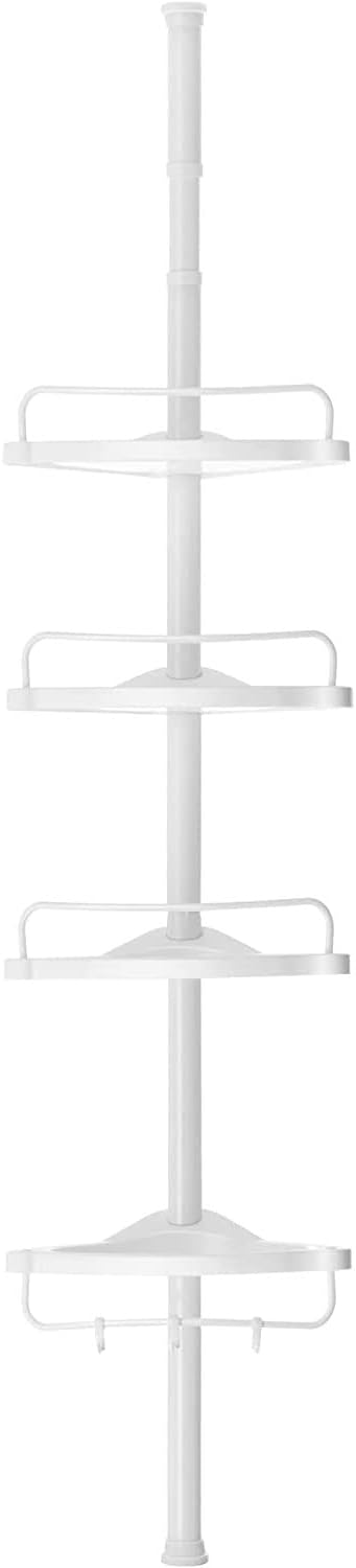 SONGMICS Shower Rack, 85 – 305cm Height Adjustable, 4 Tray Bathroom Rack, Shower Corner, No Drilling Required, White Bcb001A
