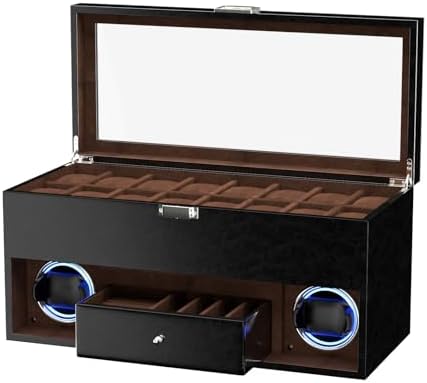 DUKWIN 16 Slot Watch Display Case with Watch Winding for 2, Watch Winder with 4 Rotation Mode, Adjustable Watch Pillow and Blue LED Light for Watch Lover, Multifunctional Watch Box