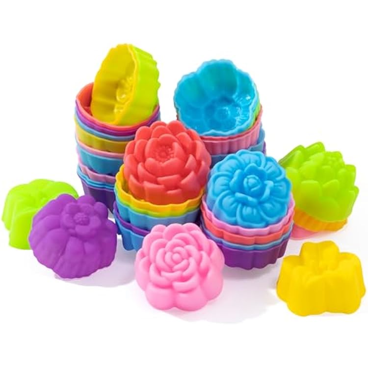 R HORSE Mini Silicone Cupcake Molds - 42Pcs 2 Inch Muti-color Flower-shaped Baking Cups, Reusable Non-Stick Muffin Baking Cups Cupcake Wrappers for Pudding Dessert Donut Oven Dishwasher Microwave Safe