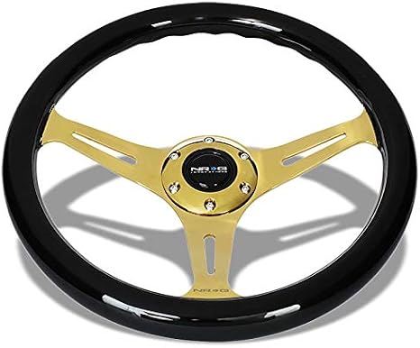 NRG ST-015CG-BK Aluminum Slit Holes 3 Spoke Race Steering Wheel+Horn Button (350mm, Black Wood/Gold Spoke, Colored Wood)