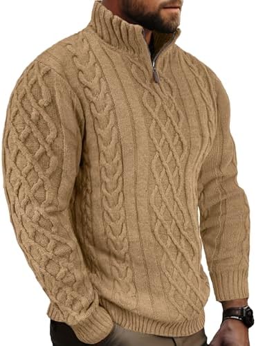 Comdecevis Mens Quarter Zip Sweater Long Sleeve Cable Knit Mock Neck Polo Soft Casual Pullover Sweaters