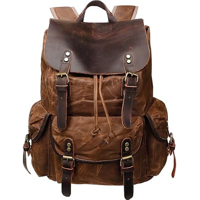 HuaChen Vintage Waxed Canvas Backpack with Genuine Leather Flap, Travel & Work Rucksack, Water-Resistant Daypack with Anti-Theft Pocket, Large 15.6, M80 Brown
