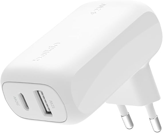 Belkin BoostCharge 42W 2 Portlu Duvar Şarj Cihazı, USB-C + USB-A Şarj Cihazı, iPhone 15, 15 Plus, 15 Pro, 15 Pro Max, 14, 14 Pro Max, 13, Galaxy S24, S23, Plus, Ultra, iPad, AirPods ve Daha Fazlası
