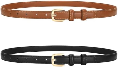 2 Pack Women Thin Leather Belt for Dresses Fashion Ladies Skinny Waist Belt for Jeans Pants