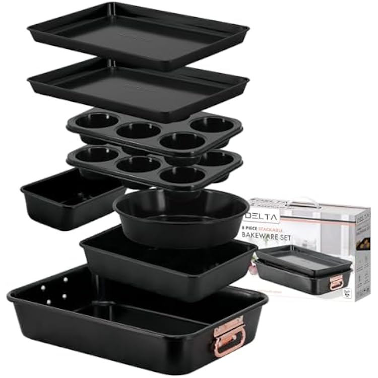 Stackable Nonstick Bakeware Set, 8 Piece Baking Pan Set, Oven Safe Carbon Steel, Includes Cookie Sheet, Muffin Pan, Loaf Pan & Roaster