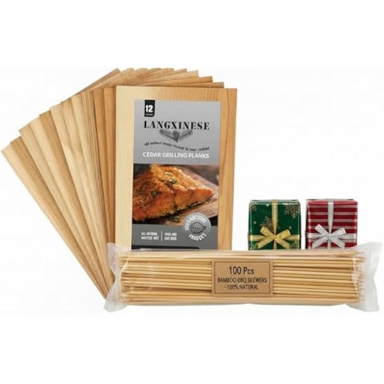 12pc Larger Cedar Planks for Grilling Salmon & 100 pcs Bamboo Skewer, Meat Fish and Veggies. Cedar Grilling Planks for Clearance11.8 X5.5, Natural Cedar Wood