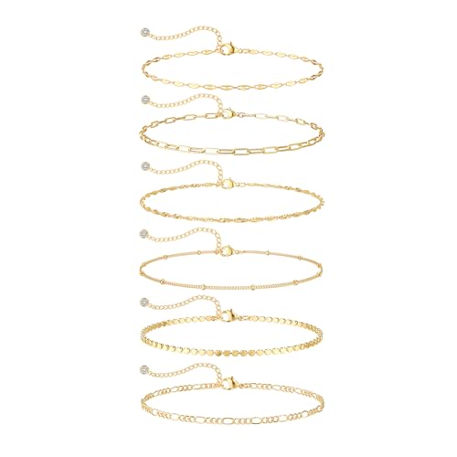 Tewiky Waterproof Ankle Bracelets for Women, 14K Real Gold Plated Anklets for Women 6PCS Anklet Set Dainty Summer Beach Jewelry