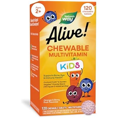 Natures Way Alive! Childrens Chewable Multivitamin, Kids Multivitamin with Orchard Fruits and Garden Veggies Powder Blend, Daily Kids Vitamins for Nutritional Support Cherry Flavor, 120 Tablets