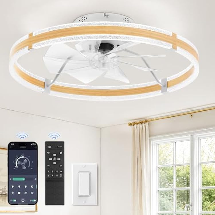 LEDIARY Ceiling Fans with Lights and Remote, 24 Low Profile Ceiling Fan with Light, 3000-6000K Dimmable Fandelier Ceiling Fans, Modern Flush Mount Fan for Bedroom with 6 Wind Speeds- Wood Grain