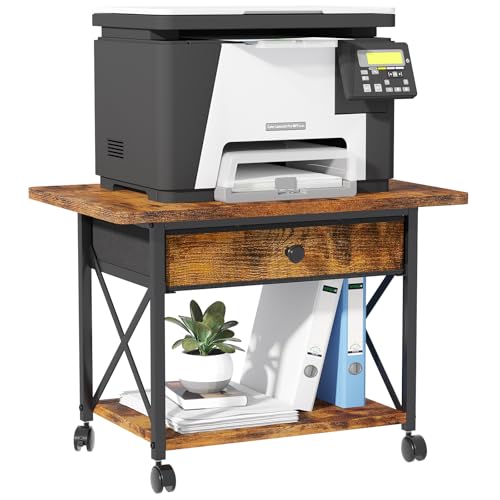 EasyCom 23.6 x 15.7 Under Desk Printer Stand with Storage Drawer, 2-Tier Shelf Desktop Printer Table for Desk with Wheels, Large Rolling Cart for Home Office Fits 3D Printer Scanner Rustic Brown