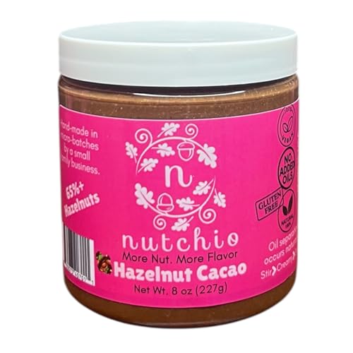Nutchio Chocolate Hazelnut Spread, Vegan, Dairy-Free, Gluten-Free, No Added Oils, No Preservatives or Artificial Ingredients, Made with Organic Cacao, Made in USA, 8 oz